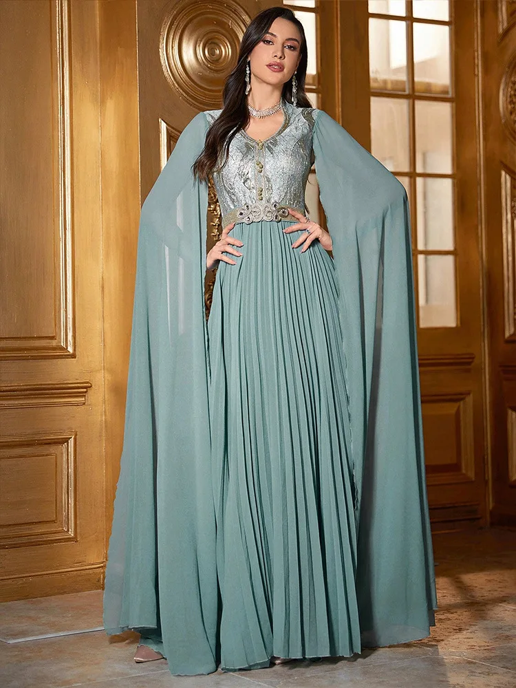 

Dubai Women Evening Dress Chiffon Extra Long Cape Sleeve Abaya Muslim Turkey Moroccan Caftan Kaftan Femme Party Gowns Vestidos