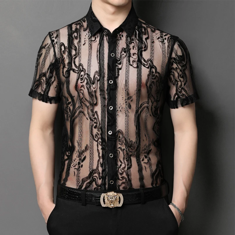 

Mesh Hollow Striped Shirts For Men Short Sleeve Breathable Lapel Summer Quality Designer Coolness Anti-Wrinkle Camisas De Hombre
