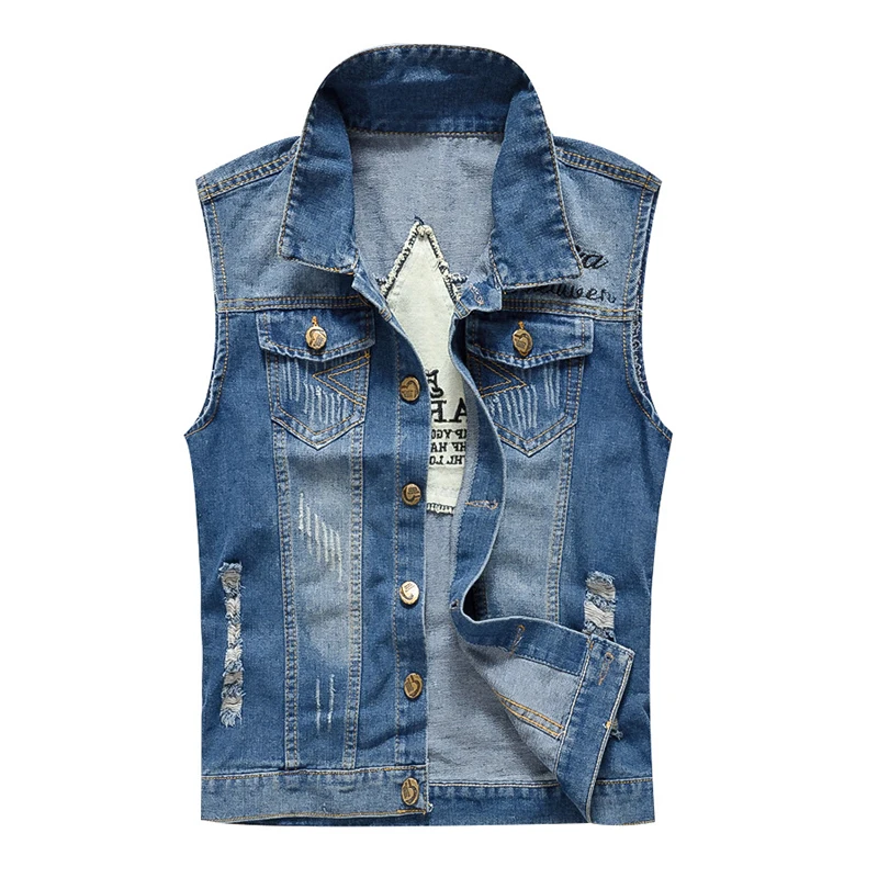 

Patchwork Men Casual Denim Vest Turn Down Collar Ripped & Bleached Sleeveless Jean Jacket Blue