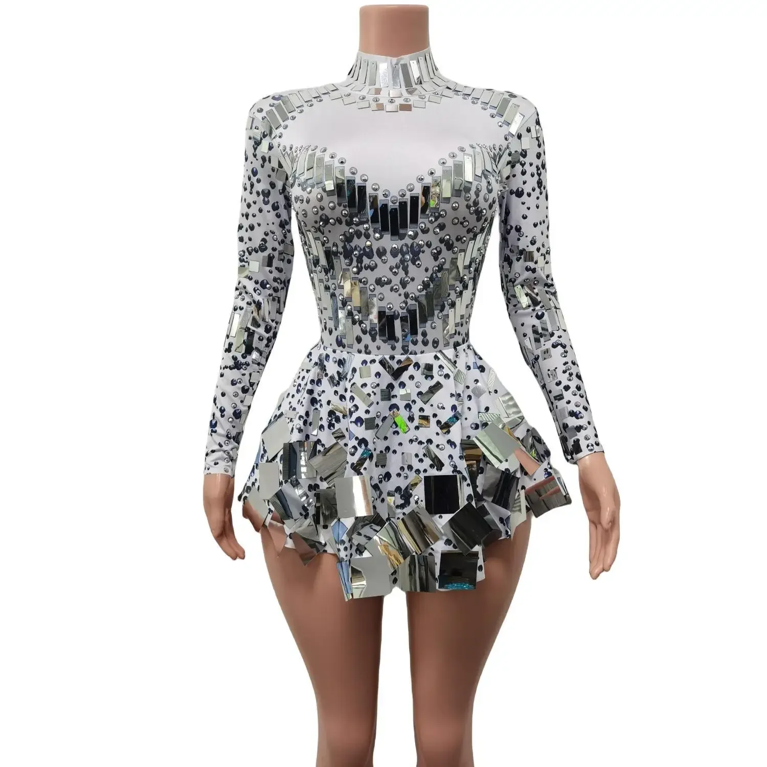 Shining sequins Women Jazz Dance Stage Costumes Silver Rhinestone Sequins Wedding Party Dress Ladies Plus Size Club Prom Dress