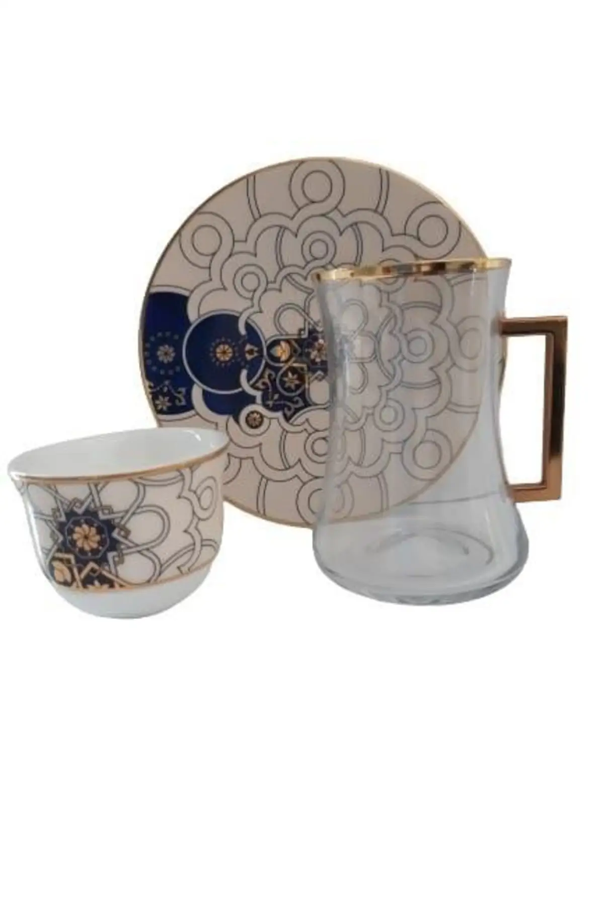 DOLBOVI Dervısh Handle Gawa Set + 6 Atlas Blue Bright Gold Turkish Tea Glass Cup