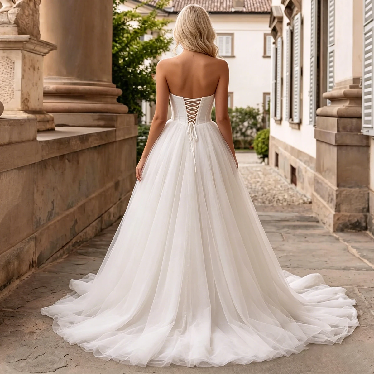 Classic Tulle Strapless Ball Gown Wedding Dress With Train Long Puffy Bridal Party Gown For Women Vestidos Novia