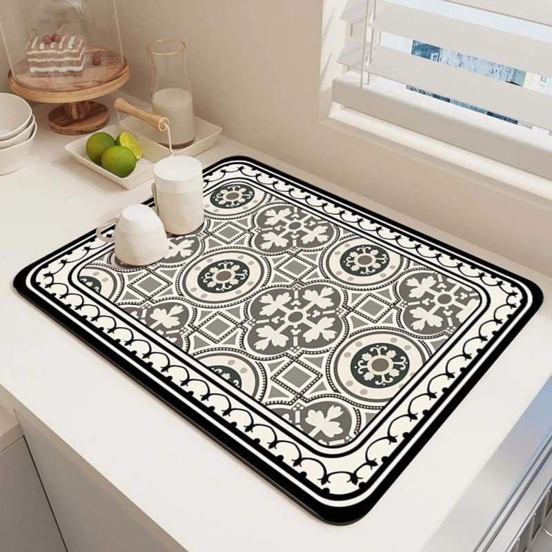 VIKAMA Kitchen Drain Mat Blue White Vintage Tile Mosaic Print Dish Drying Mat Water Absorbent Quick Dry Anti Slip Soft