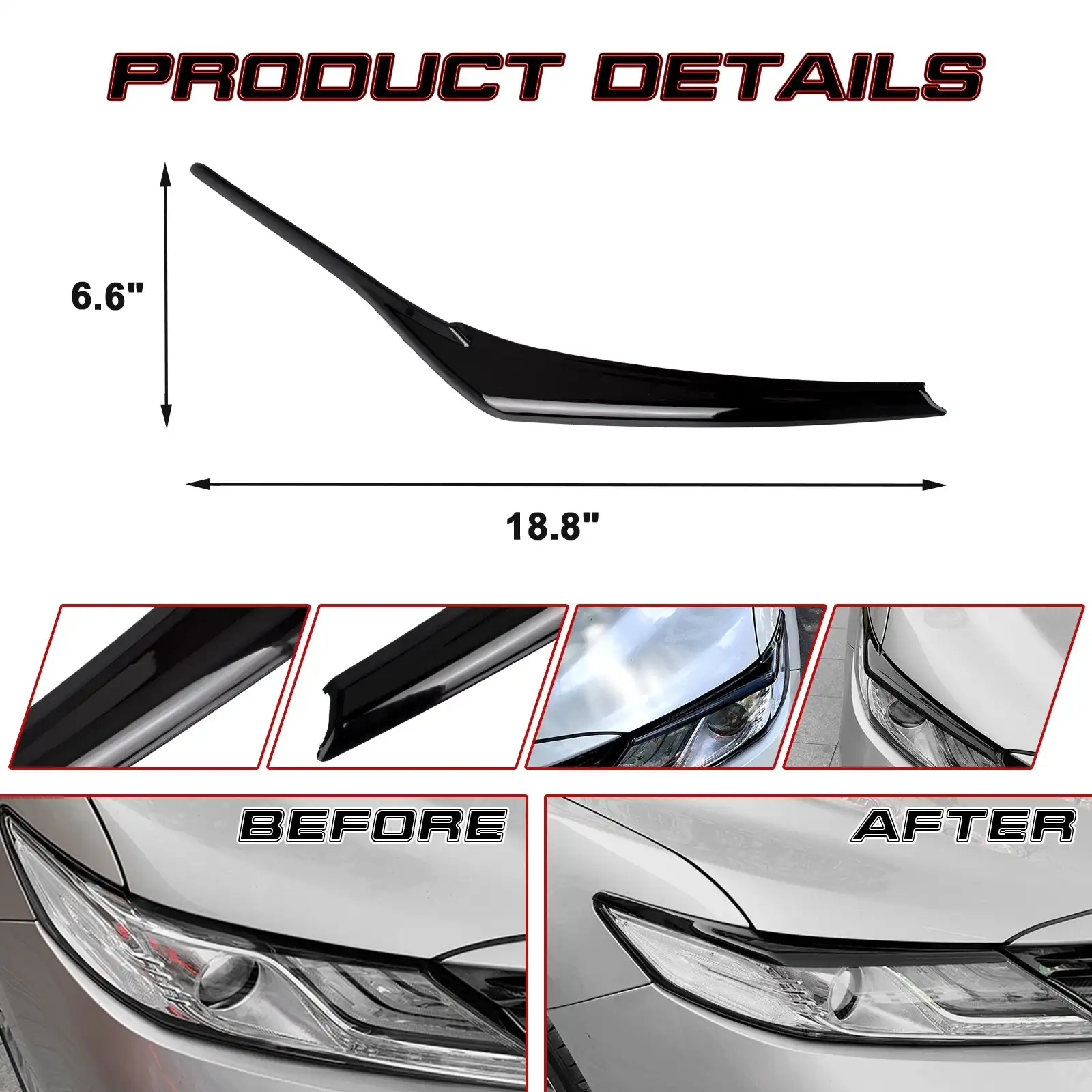 2pcs Black Healight Headlamp Eyelid Eyebrow Strip Cover Molding Trim Accessories For Toyota Camry 2018 2019 2020 2021 2022 2023