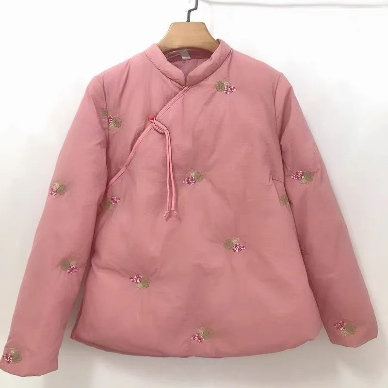 

Женская куртка на пуговицах с цветочной вышивкой и лягушкой, теплая хлопковая куртка с воротником-стойкой, зимняя литературная верхняя одежда с длинными рукавами