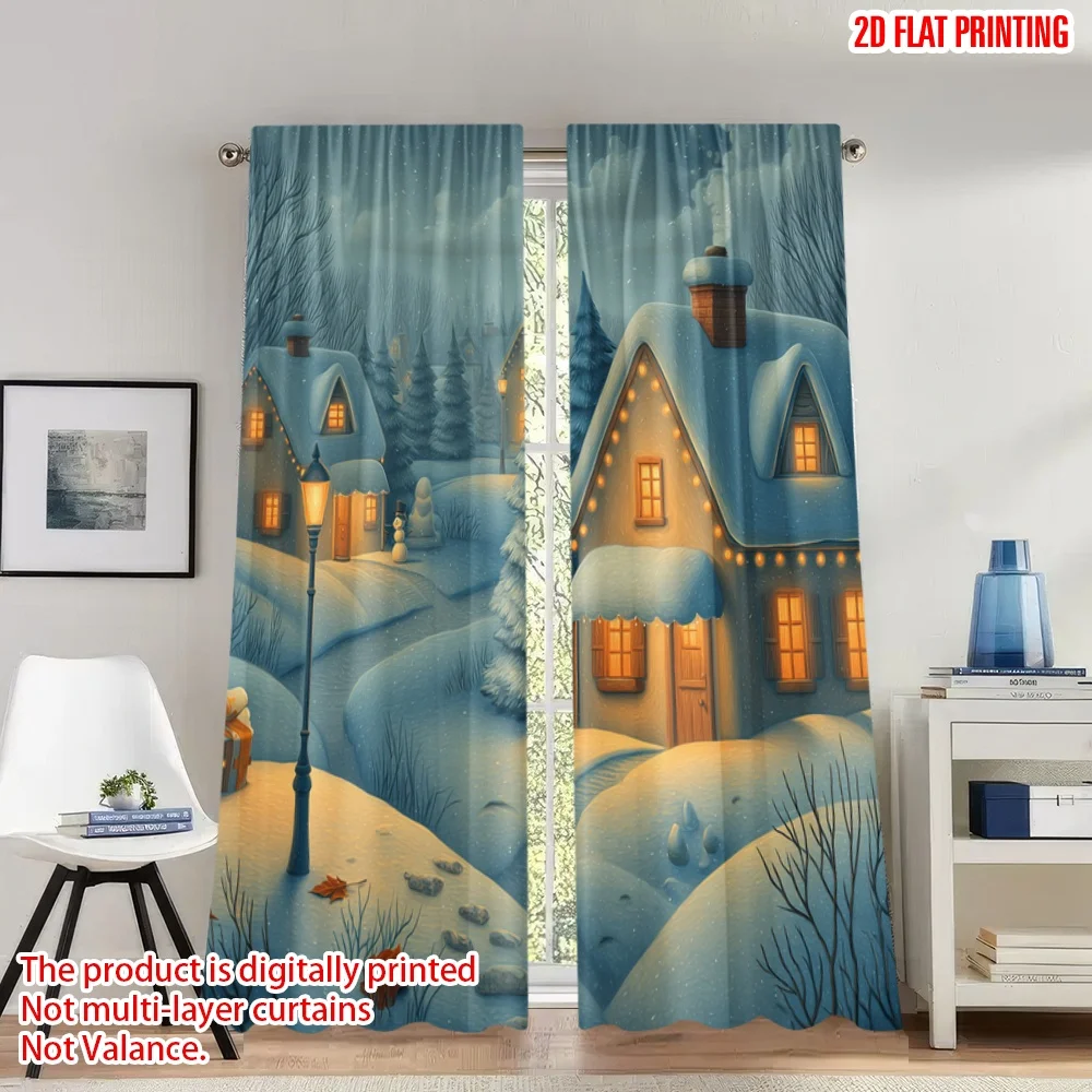 

2pcs 2D flat printing Christmas Hot Curtains Cozy Winter Village Christmas Snow Digital Printed Polyester Drapes Birthday Party