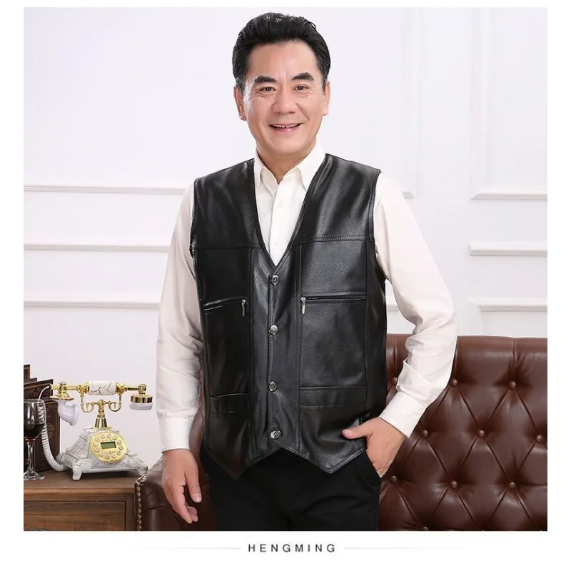 معطف شتوي مخملي جديد للرجال، بدون أكمام، سترة قصيرة من جلد البولي يوريثان للرجال في منتصف العمر وكبار السن تناسب قمة الموضة