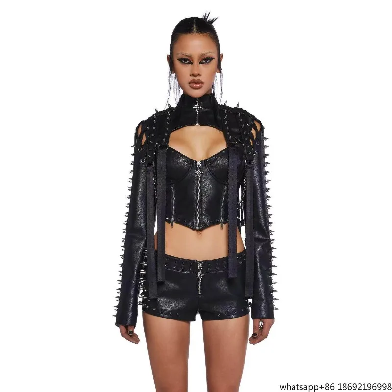 

Комплект из трех предметов Dark Rock Wind Rivet: сексуальный костюм в стиле панк из искусственной кожи, кожаный жилет на бретелях