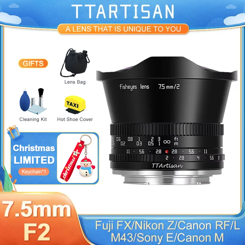 TTArtisan 7.5mm F2 APS-C Fisheye Lens Manual Focus Prime Lens for SONY E FUJI XF Canon M EOS R Nikon Z Leica L M43 Mount Lens