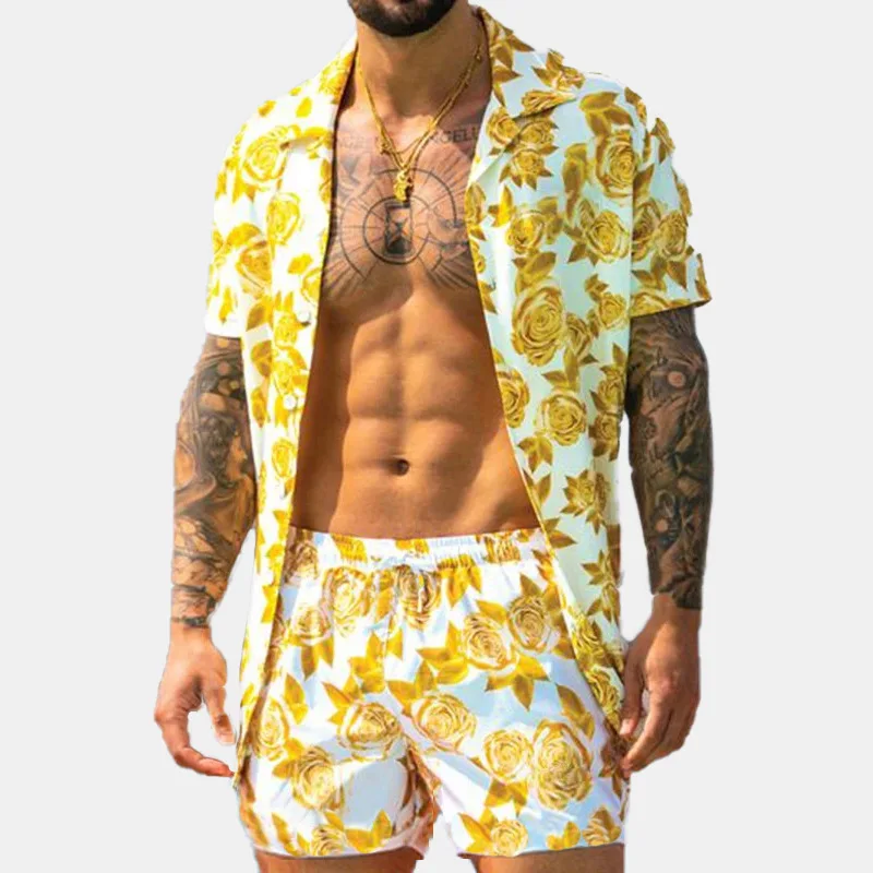 Men's summer short-sleeved suit casual loose Hawaiian beach wear printed short-sleeved shirt shorts