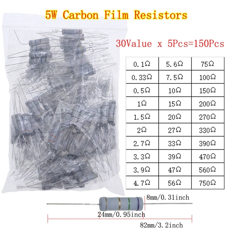 

Набор из 150 штук карбоновых пленочных резисторов (30 типов), 5 Вт, прямое включение, с четырехцветной маркировкой, по 5 штук каждого типа