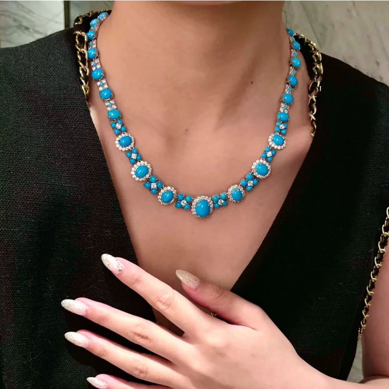 Bellux 925 silver gold-plated synthetic high carbon diamond turquoise oval luxury banquet high-end jewelry set