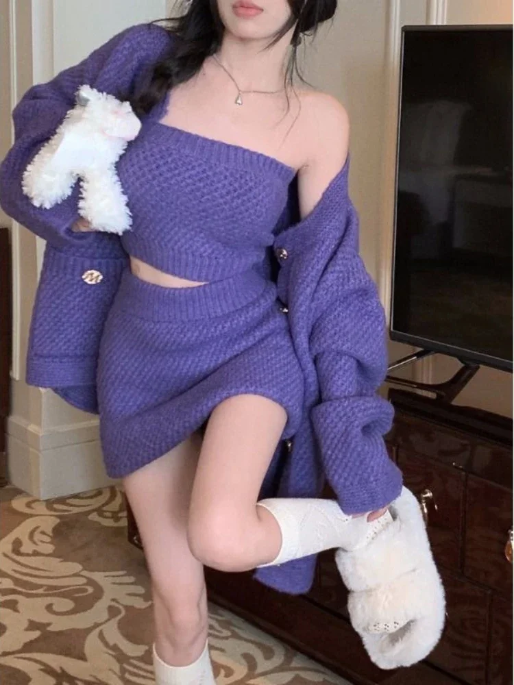 

2023 Autumn Purple Knitted Sweater Suit Woman Sexy Corset + Loose Casual Cardigan + Slim Y2k Mini Skirt Party Korea 3 Piece Set