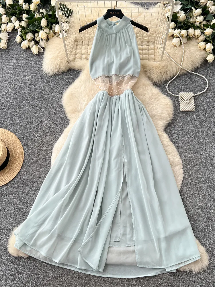 

French Heavy Beaded Temperament Halter Tie Lace Spliced Dress Women Summer Sexy Hollow Out Split Party Versatile Dress Woman