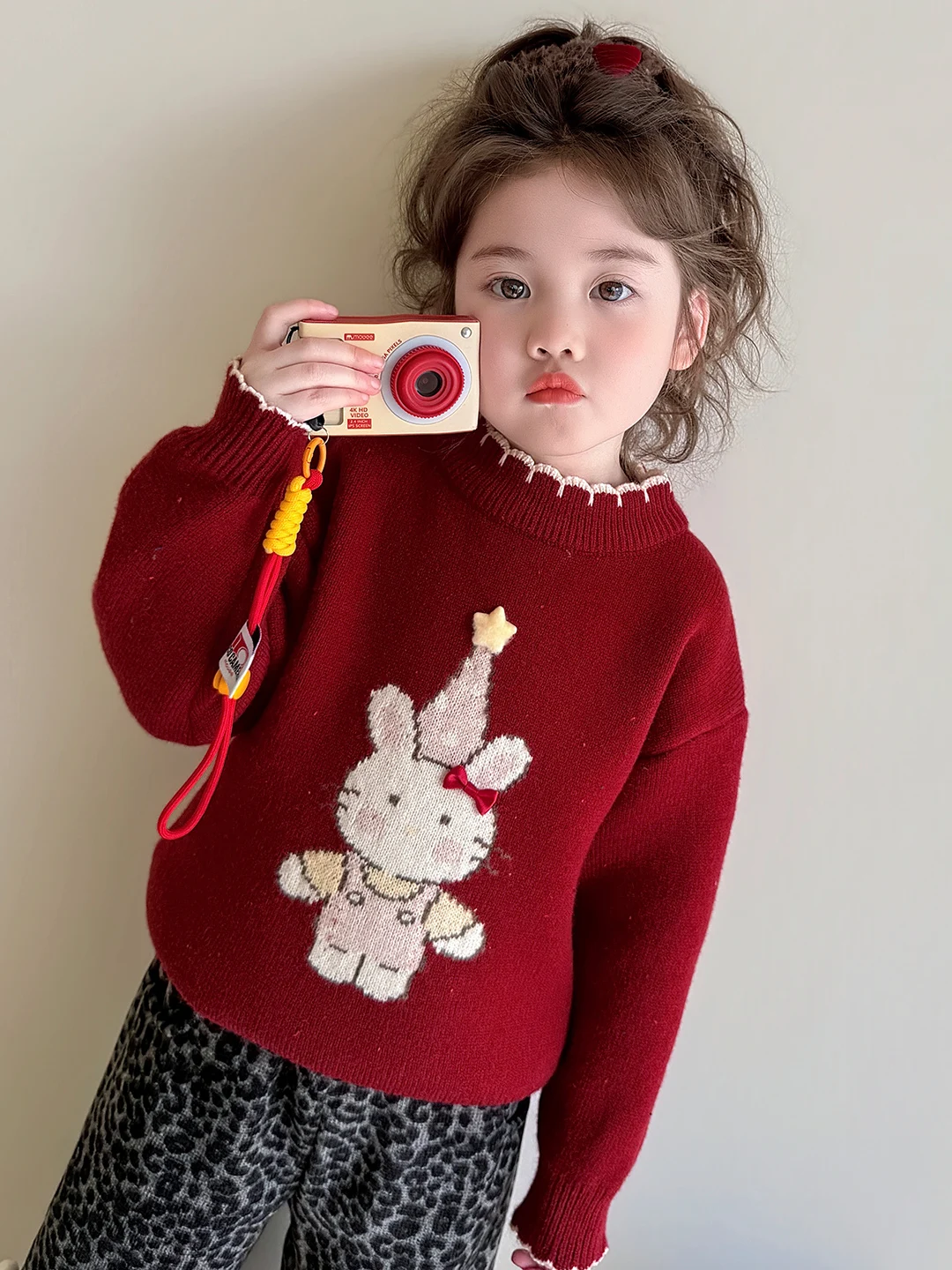 

Girls' Cartoon Star All-in-One Fce Spotted Sweater Thiened Autumn Winter Sweet Baby Top Versatile Faionable Online Exc...
