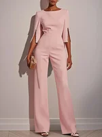 Women's Jumpsuit Casual Solid Color 3/4 Length Sleeve Straight Round Neck Beaded High Waist Daily Going out Regular Fit Black Wh - Image 4