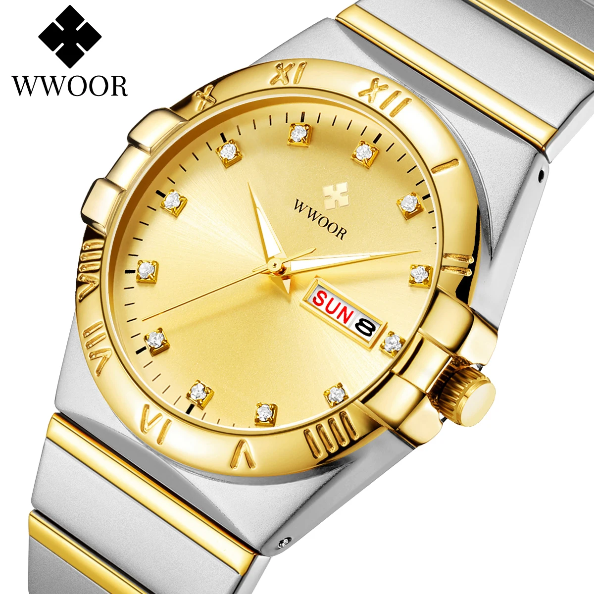 

WWOOR New Watch For Men Luxury Fashion Business Casual Quartz Clock Waterproof Stainless Steel Male Week Date Watch Reloj Hombre