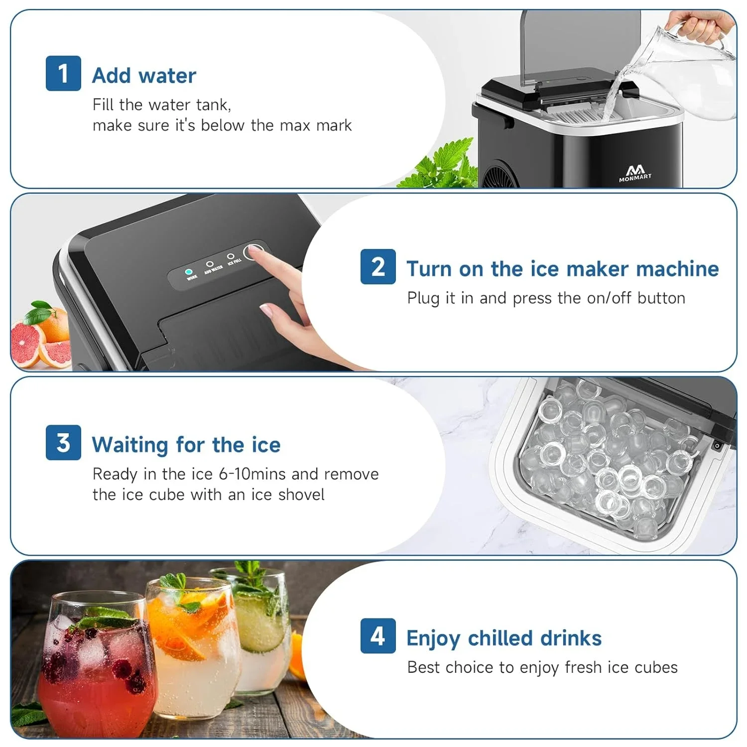 Convenient Self-Cleaning Ice Maker Machine with Handle for Countertop Use, Produces 26.5lbs of Ice in 24 Hours, Delivers 8 Cubes