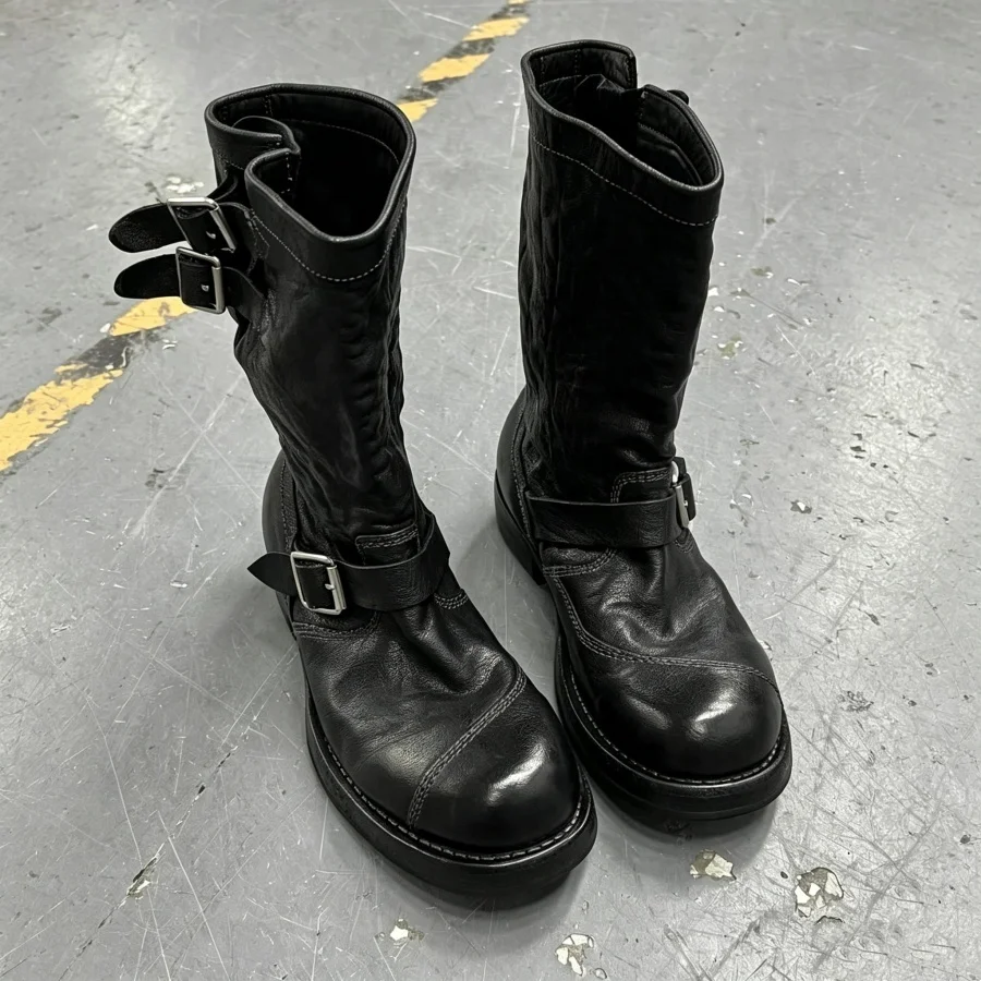 Vintage Distressed Black Leather Men's Boots Three Buckle Strap Mid Calf Motorcycle Boots Chunky Heel Combat Boots Gothic Punk
