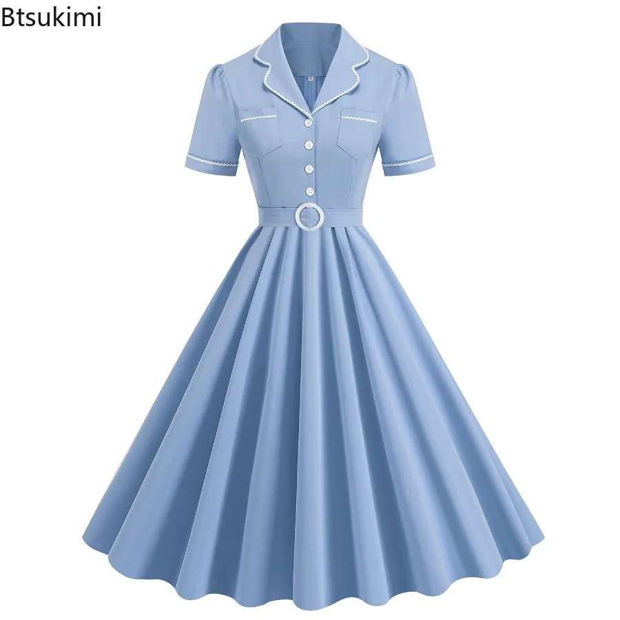 2025年新作 レディース ヴィンテージ ノッチカラー ポケット 無地 ロングワンピース カジュアル 夏 ボタンアップ エレガント スイングドレス