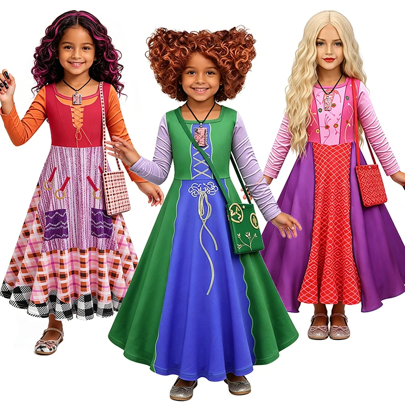Halloween Cosplay Hocus Pocus Witch Sanderson Sister Girls Outfit Carnival Party Performance Children's Costume Fancy Kids Dress