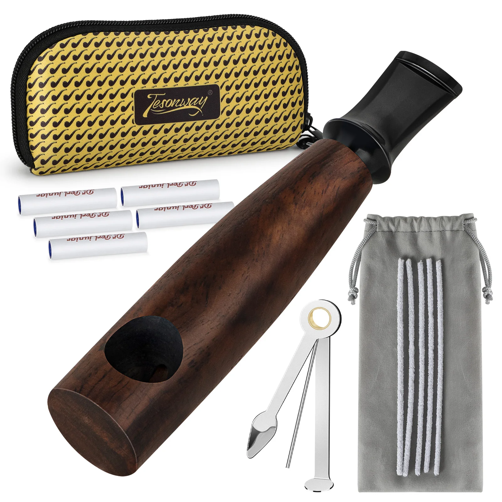 Tesonway Ebony Pipe Set with Pipe Pouch, 3-in-1 Scraper, Pipe Filter, Pipe Cleaner, Pipe Accessories, Portable Wooden Pipe