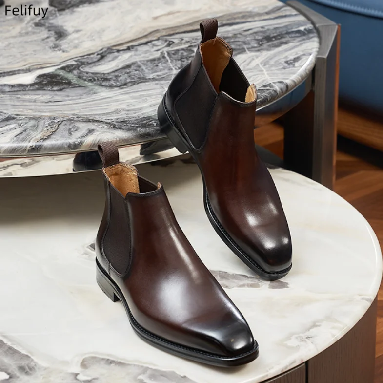 

Мужские ботинки челси, осенне-зимние ботильоны из натуральной кожи с квадратным носком, деловые повседневные мужские короткие ботинки, обувь ручной работы для мужчин