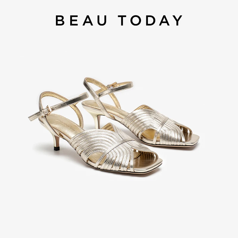 BEAUTODAY Elegant Sandals Women Party Thin Heel Square Toe Buckle Strap Dress Pumps Sewing Ladies Shoes MD-6001BML