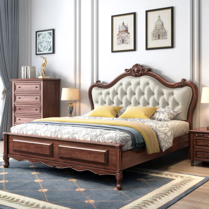 King Size Double Bed Frame Wood European Style Twin Full Bed Frame Luxury Bedroom Storage Cama Moderno Lujo Room Furniture