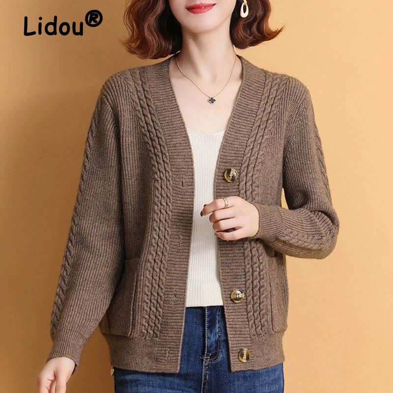 Women Vintage Simple Twistsed Pockets Single Breasted Knitted Cardigan 2024 Autumn Winter Casaul V Neck Long Sleeve Sweater Coat