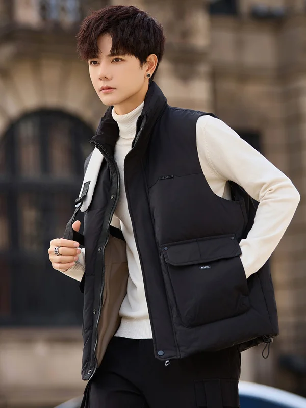 

Модный легкий пуховый жилет для мужчин, рабочая одежда, куртка с воротником-стойкой, осенне-зимняя верхняя одежда, стильная, из полиэфирного волокна, на молнии