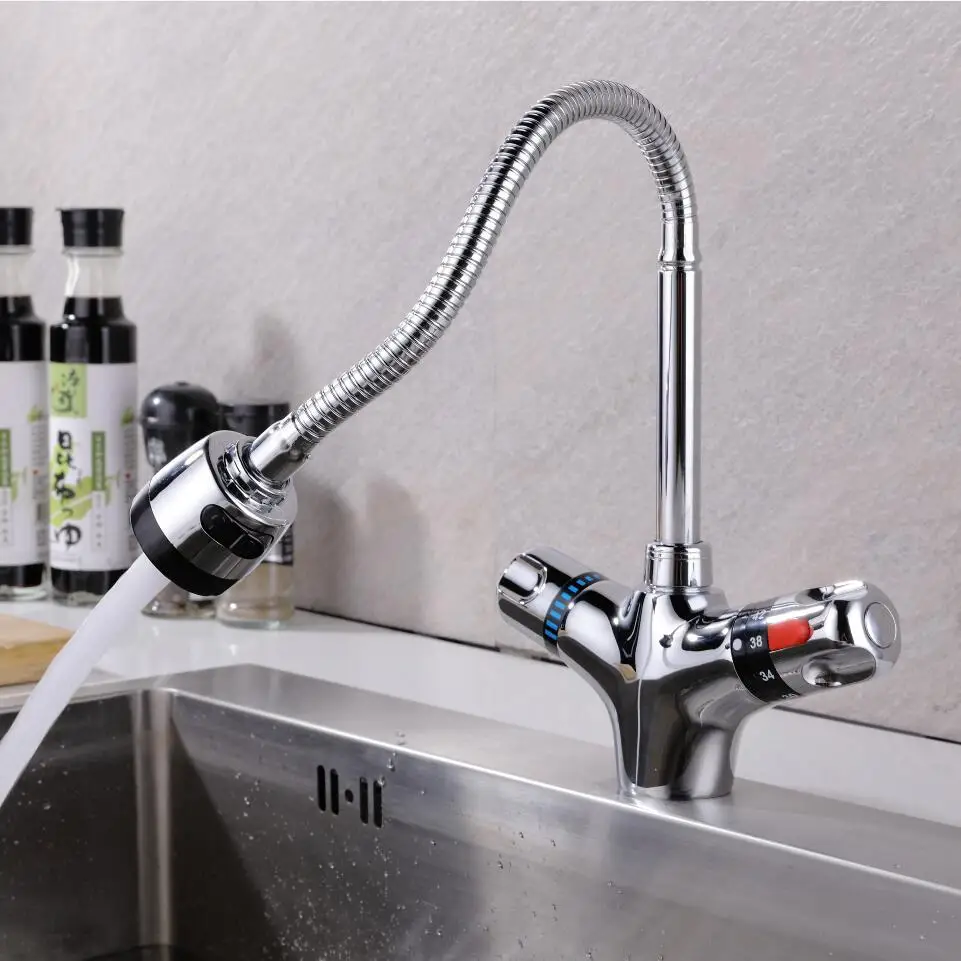 Solid Brass Chrome Finish Kitchen Mixer Tap Thermostatic Faucet for Cold And Hot Water Constant Temperature Basin Faucet