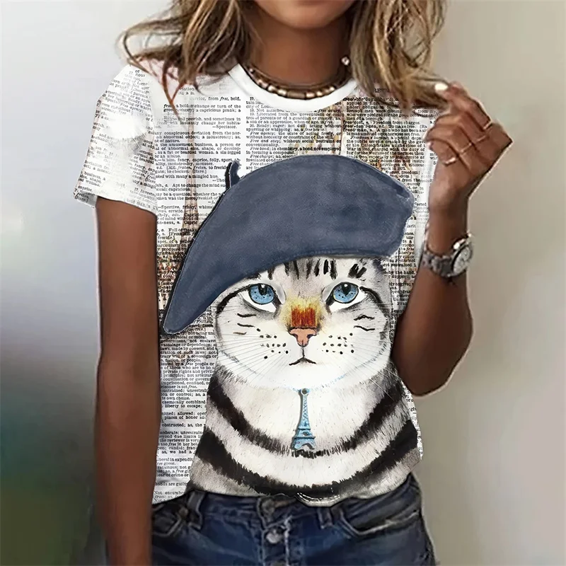 Funny Cat Pattern T-Shirt For Women Cute Animal 3D Printed T Shirts Summer Fashion Oversized Tees Short Sleeves Round Neck Tops