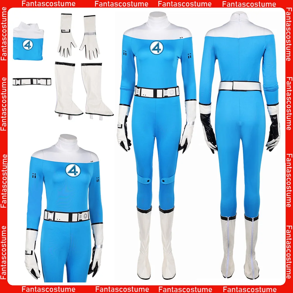 

Susan Storm Cosplay Invisible Woman Costume Fantastic Roleplay Disguise Four Female Blue Jumpsuit Gloves Belt Halloween Carnival