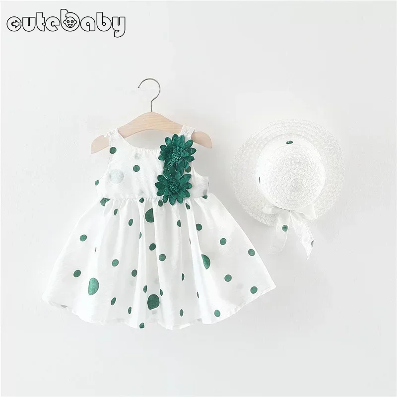 Big Bow Baby Dress Lovely Summer Infant Baby Girl Clothes Cute Dot Sleeveless Cotton Toddler Dresses+Sunhat Newborn Clothing Set