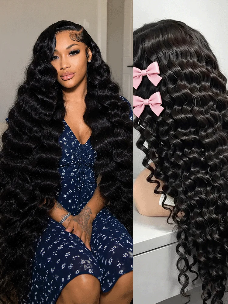 

250 Density Loose Deep Wave Remy Human Hair 13x4 13x6 HD Transparent Lace Front Wig 38 42 46 Inches 360 Full Lace Curly Water Wavy Wigs Tangle Free For Women Pre Bleached Knots Baby Hair
