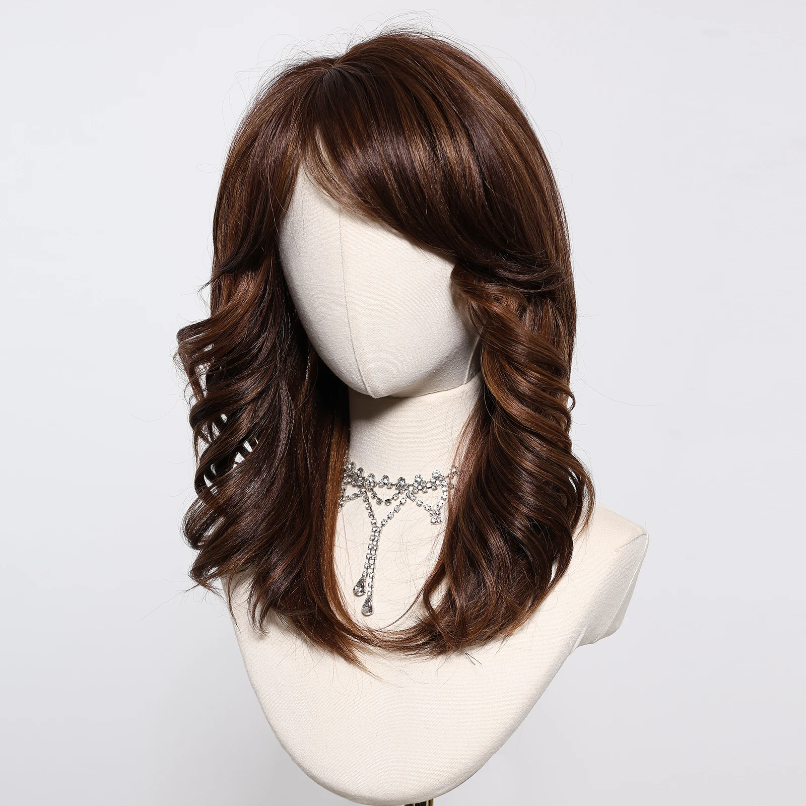 Medium Length Synthetic Wigs Brown Highlight Wavy Wig with Bangs YAKI Soft Hair for Women Daily Cosplay Heat Resistant Fiber