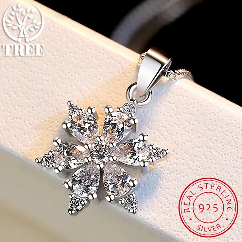 ALITREE 925 Sterling Silver AAA Zircon Snowflake Pendant Necklace for Women Wedding Fine Jewelry