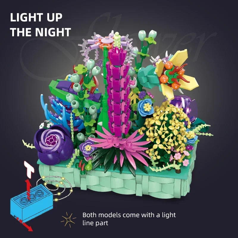 Creative Potted Flower Building Blocks Colorful Rose Lavender Flower Model Bricks Desktop Decoration DIY Toys Holiday Gifts