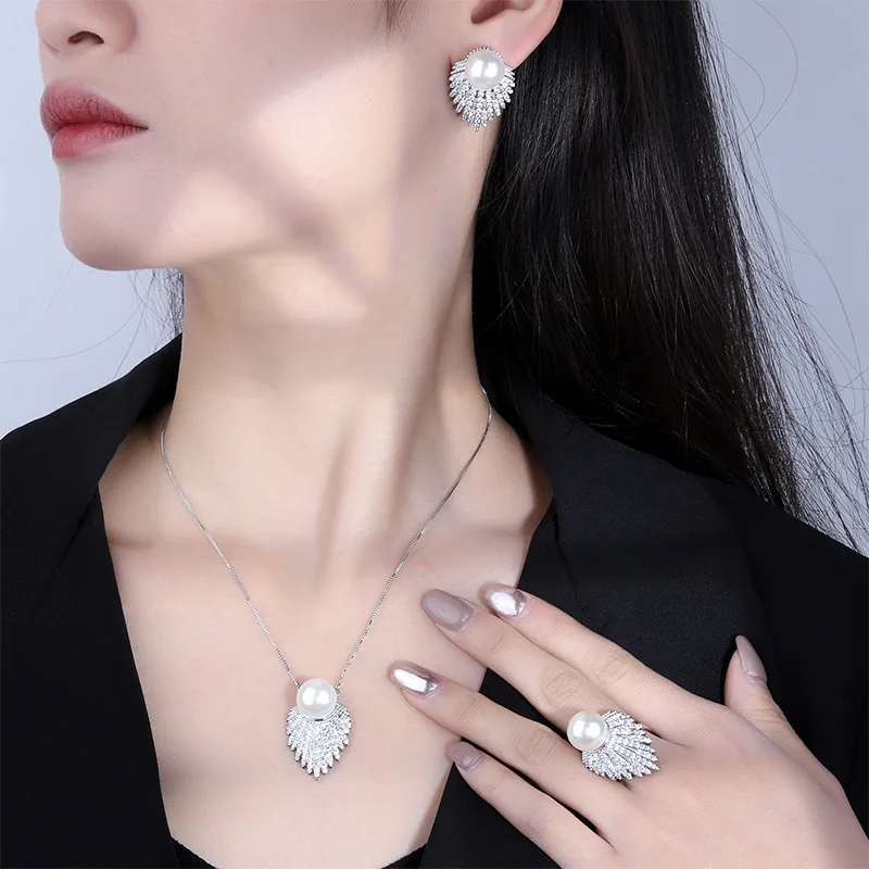 White Pearl Angel Wing Pendant Luxury Women Necklace Choker Adjustable Heart Ring Earrings High Quality Jewelry Gift for Mom