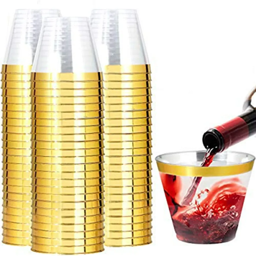 

200 Pack Gold Plastic Cups, 9 Oz Elegant Clear Plastic Cups Gold Rimmed Disposable Wine Glasses Fancy Disposable Party Cup Wedd