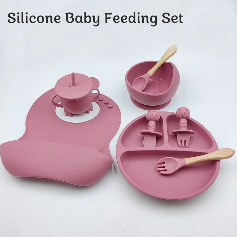8Pcs Silicone Baby Feeding Set Children's silicone tableware, plates, bowls, spoons, forks, bib