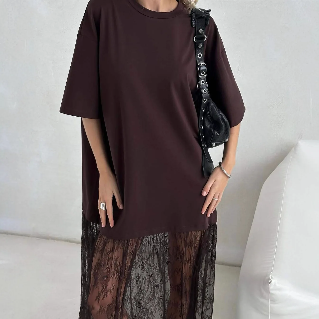 

Mesh Splicing Short-sleeved Dress Women's 2026 Summer New Temperament Thin Coffee Dress