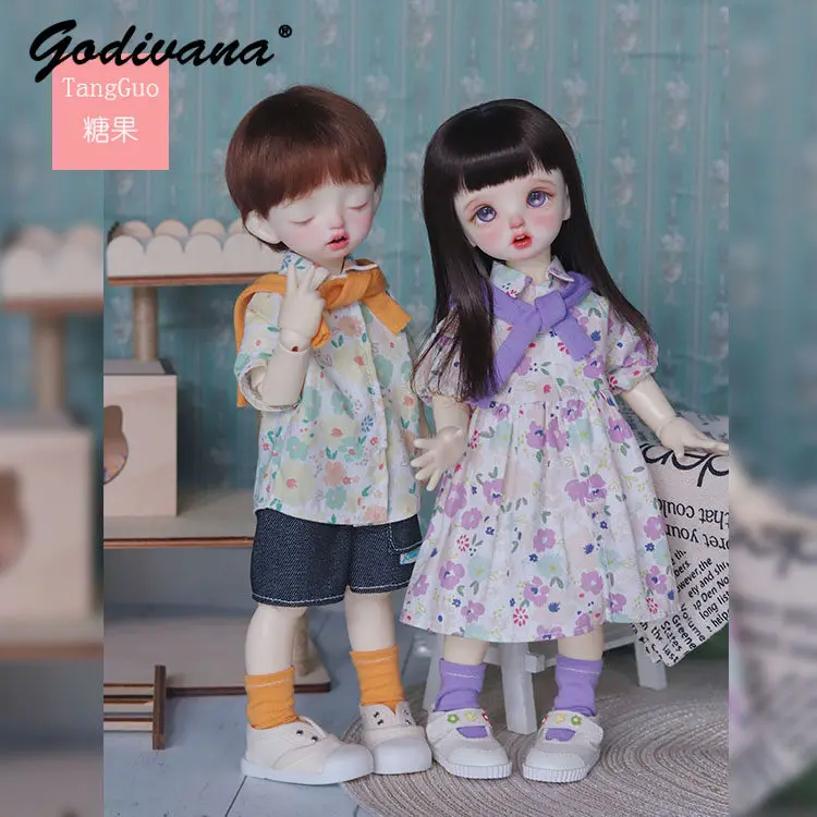 Sweet Summer Couple Doll Clothes Floral Pattern Puff Sleeve Dress Short Sleeve Shirt Denim Shorts with Shawl Socks for 1/6 BJD