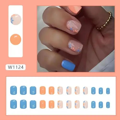 Uñas postizas acrílicas de cobertura completa para mujer, uñas postizas cuadradas de flores azules y naranjas, brillantes, 24 piezas