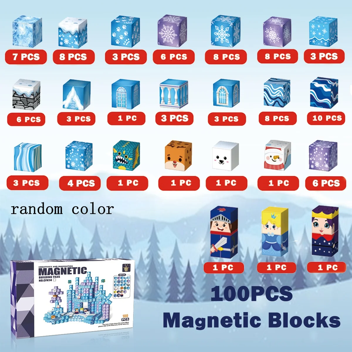 Magnetyczne klocki konstrukcyjne, 100 elementów, do budowania lodowych zamków, kostki sensoryczne STEM Montessori, prezenty na Boże Narodzenie i urodziny