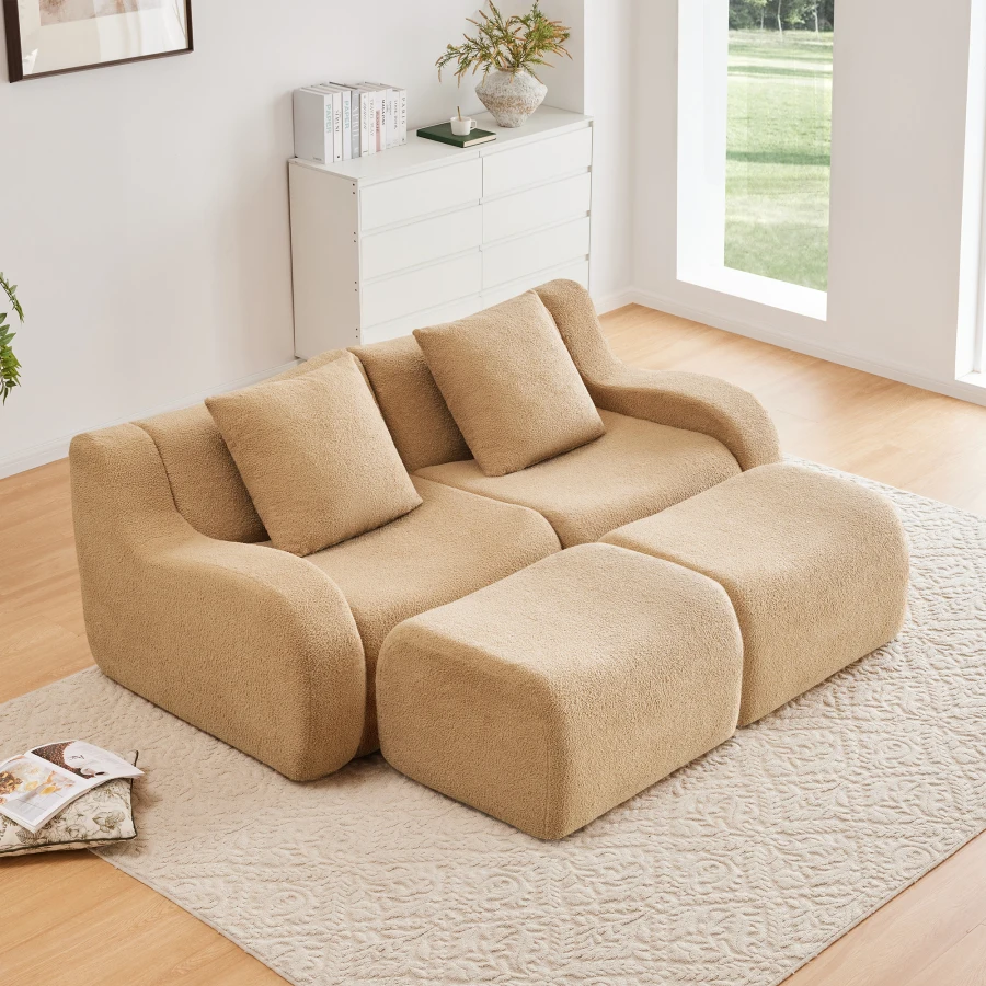 Soft Teddy Fabric Boneless Sofa, Anti-Slip Design, Assembly Chaise Lounge Curved Armrests Ergonomic Support 32D High Density Sp