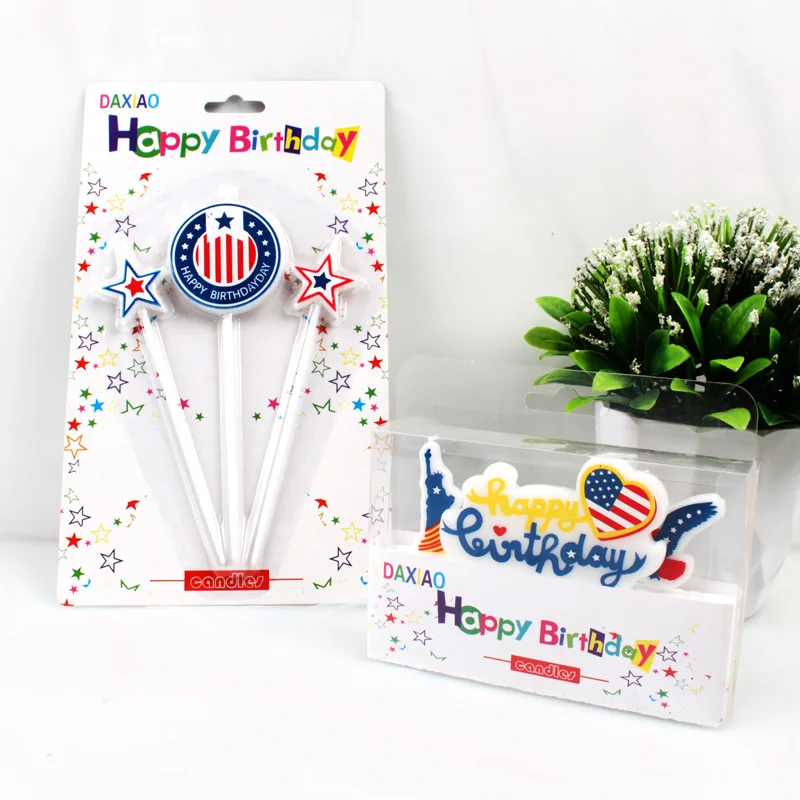 American Independence Day July 4 Pentagram Candle Happy Birthday Three Piece Party Cake Set English Alphabet Candle Decoration