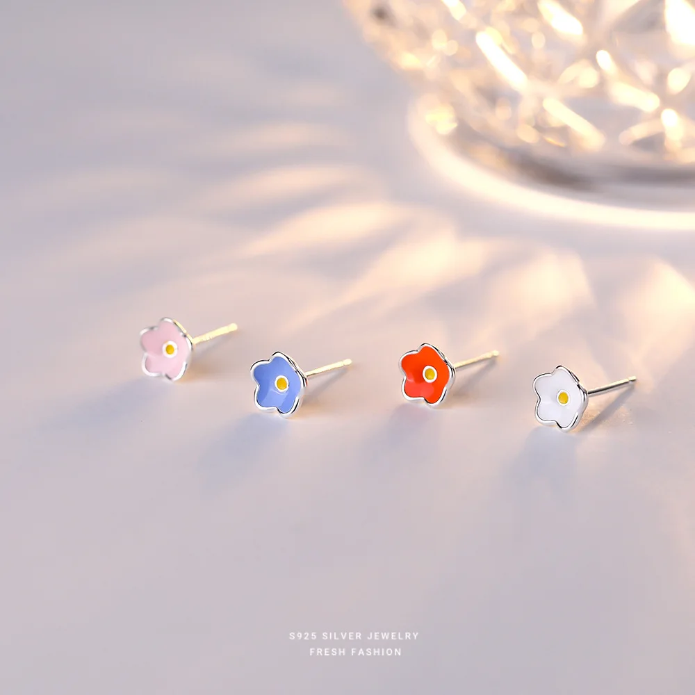 

925 Sterling Silver Korean Sweet Colorful Flower Stud Earrings for Women Cute Exquisite Simple Jewelry