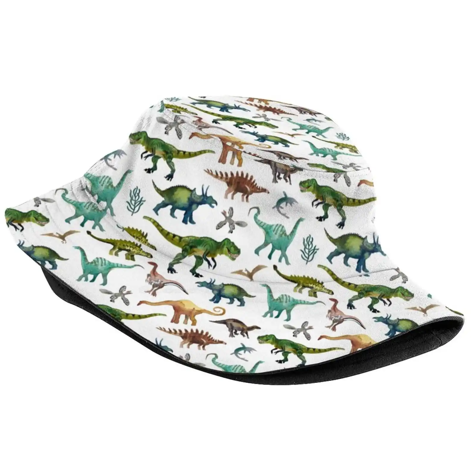 Dinosaurs Hand Painted Watercolor Natural Colours. Sun Cap Fisherman Hat Bucket Hats Dinosaurus Hand Painted Colourful